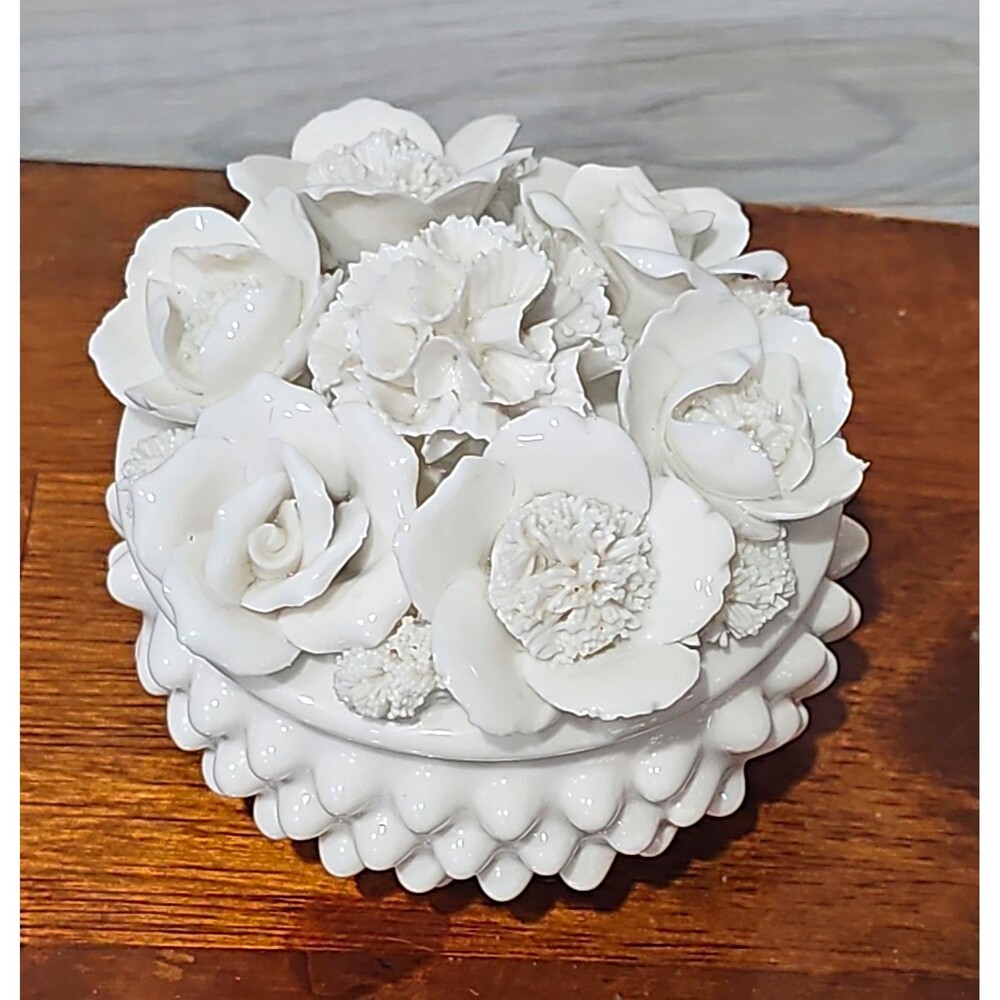 Vintage Ardalt Japan Porcelain Hobnail Trinket Box 6395 White Floral Lid